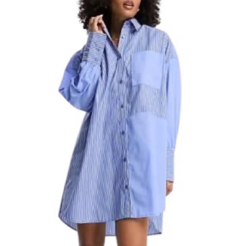 ASOS Blue Ticking Stripe Boyfriend Shirt Dress (Festival Indie Preppy Retro)
